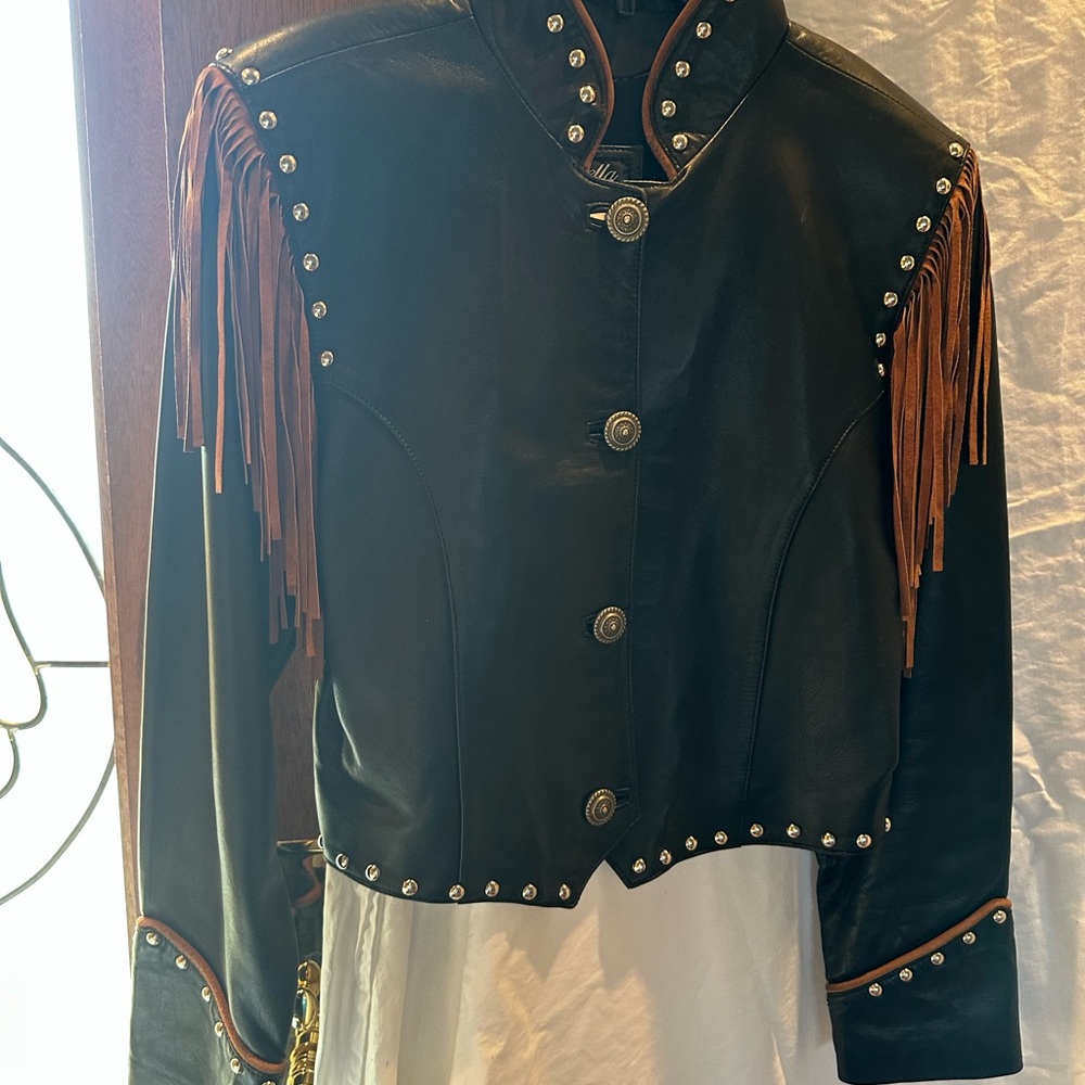 Women’s calf skin leather fringed jacket